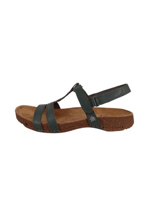 Teal leather sandal with three adjustable straps, cushioned brown footbed, and cork-like sole; features a decorative silver flower accent.
