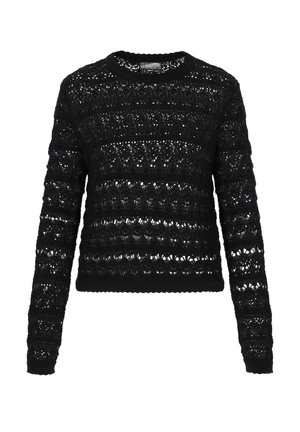 Czarny sweter dzianinowy z długimi rękawami, posiadający wzór przypominający koronkę oraz ściągacze. Okrągły dekolt z teksturowanym wykończeniem na całej powierzchni.