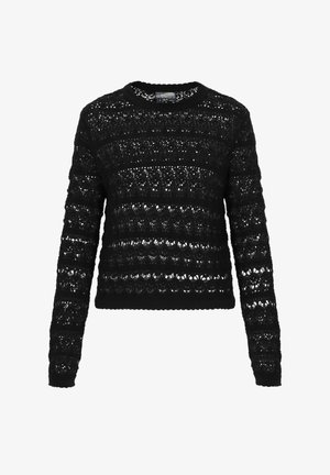 Czarny sweter dzianinowy z długimi rękawami, posiadający wzór przypominający koronkę oraz ściągacze. Okrągły dekolt z teksturowanym wykończeniem na całej powierzchni.