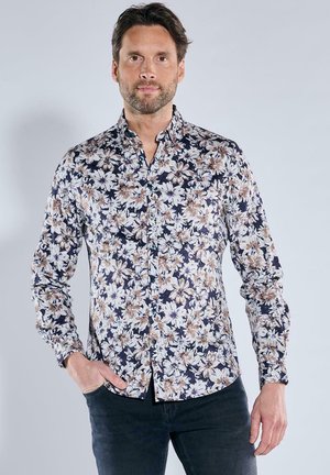 Langärmliges Hemd mit einem marinen Blumenmuster, das weiße und beige Blumen zeigt, mit Button-Down-Kragen und schlankem Schnitt. Hergestellt aus leichtem Stoff.