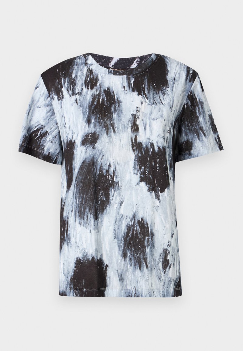 T-shirt à manches courtes à motif abstrait noir et bleu clair, col rond, fabriqué en coton, avec une coupe décontractée et une texture douce.