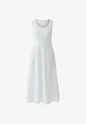 White sleeveless midi dress with round neckline and gathered waist, made from lightweight fabric.