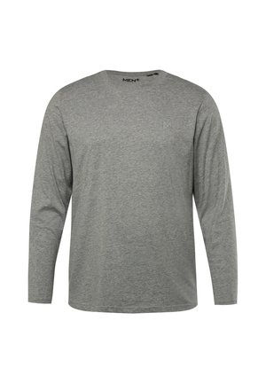 Graues langärmeliges T-Shirt aus einem weichen Stoff, mit Rundhalsausschnitt und kleinem Logo auf der Brust. Einfaches, gerades Design.