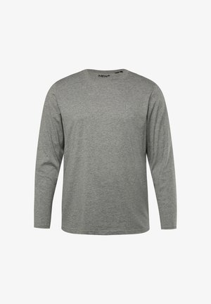 Graues langärmeliges T-Shirt aus einem weichen Stoff, mit Rundhalsausschnitt und kleinem Logo auf der Brust. Einfaches, gerades Design.