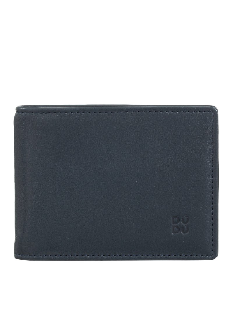 Portafoglio in pelle blu navy con texture liscia, forma rettangolare sottile e logo inciso in modo discreto nell'angolo in basso a destra.
