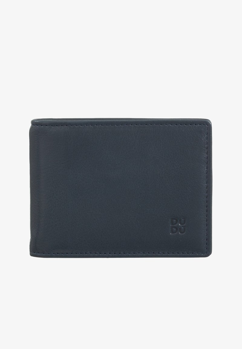 Portafoglio in pelle blu navy con texture liscia, forma rettangolare sottile e logo inciso in modo discreto nell'angolo in basso a destra.