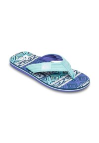 Flip-flop med mønstret fodseng i nuancer af blå og teal, med en lyseblå rem og tekstureret sål for greb og komfort.