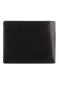 Cartera de cuero negro con textura suave, forma rectangular y bordes cosidos. Sin hardware visible; diseño simple y sin adornos.
