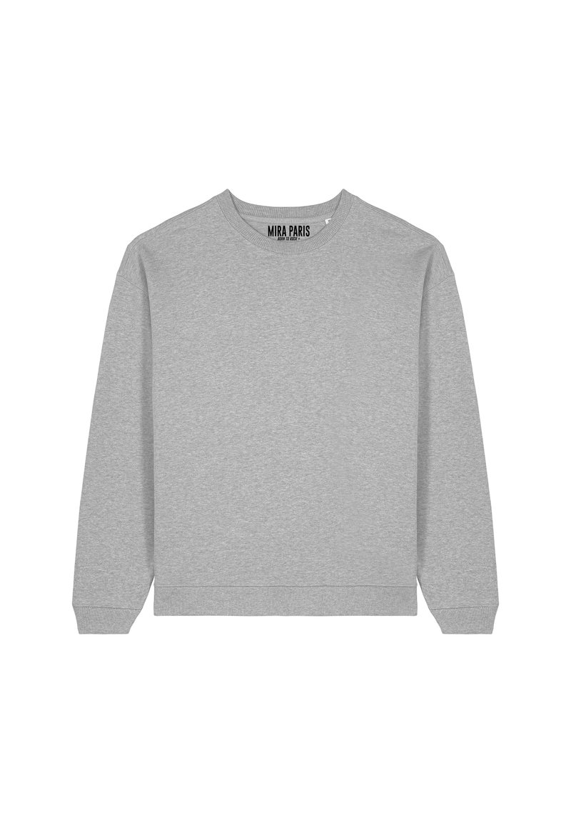 Felpa grigia con scollatura rotonda, maniche lunghe, polsini e orlo a costine, realizzata in materiale morbido. Presenta un'etichetta "MIRA PARIS" all'interno del collo.