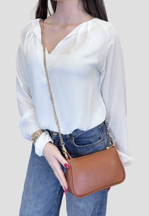 Nainen valkoisessa pitkähihaisessa paidassa ja sinisissä farkuissa, kädessä ruskea nahkainen olkalaukku, jossa on kultainen ketjusäie.