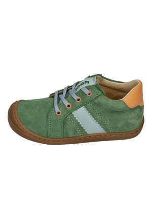 Green suede children's sneaker with gray laces, white side stripes, orange eyelets, tan heel accent, and brown rubber sole.