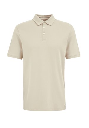 Beige Poloshirt aus weichem Stoff. Verfügt über eine Drei-Knopf-Leiste und kurze Ärmel. Minimalistisches Design ohne erkennbare Muster oder Akzente.