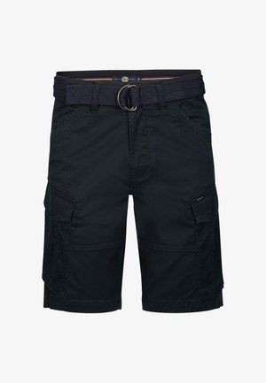 Schwarze Cargo-Shorts mit mehreren Seitentaschen, einem strukturierten Stoff, einem Stoffgürtel mit Metallschnalle und kontrastierenden Steppnähten.