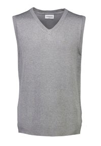Grauer ärmelloser Pullover mit V-Ausschnitt. Weiches Strickmaterial, gerippter Saum und dezentes Logo-Detail auf der Vorderseite.
