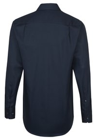 Langarmshirt in donker marineblauw, gemaakt van een gladde stof. Heeft een klassieke kraag en knoopmanchetten, met een rechte snit en een rugnaaddetail.