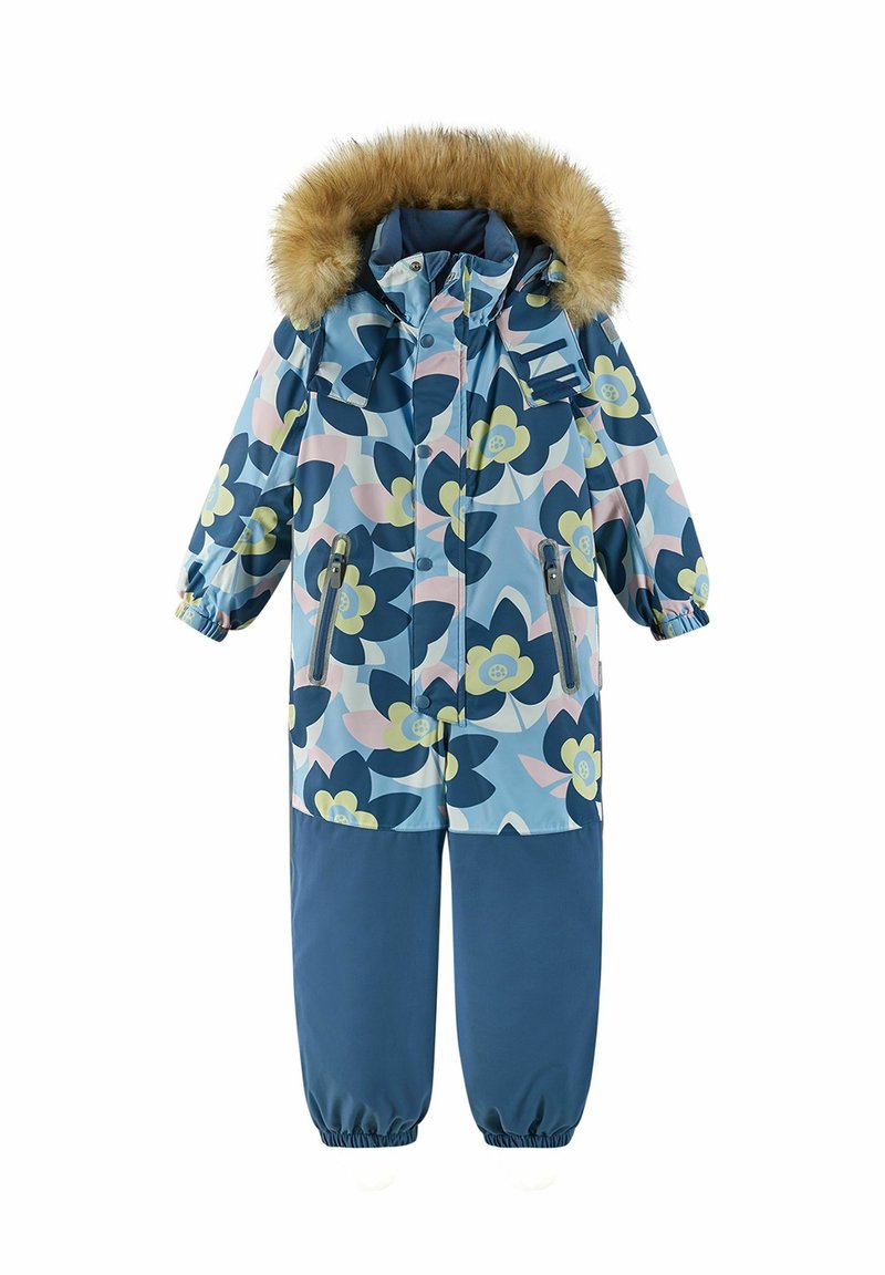 Dwuczęściowy zimowy kombinezon dla dzieci, z niebieskim kwiatowym wzorem i kapturem z sztucznego futra. Wykonany z wodoodpornego materiału, z elastycznymi mankietami i suwakami.