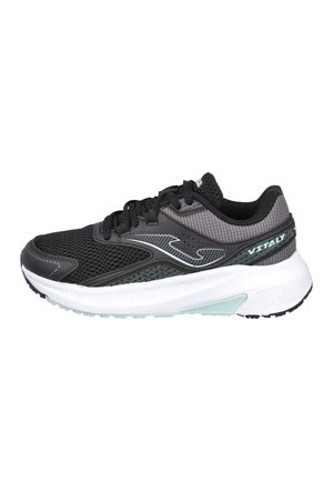 Zapatilla deportiva negra y gris con suela blanca, parte superior de malla, cordones y marca "Vitaly" en la zona del talón.