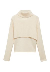 Jasno beżowy, oversize sweter z wysokim kołnierzem, prążkowaną teksturą, długimi rękawami i skróconym fasonem.