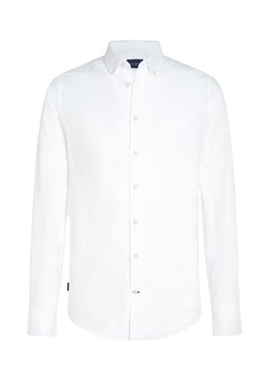 White long-sleeve button-up shirt made of cotton with a tailored fit, button-down collar, and standard cuffs. Features subtle branding on hem.