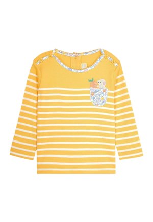 Gelb-weiß gestreiftes Langarm-Kinderhemd mit floral eingefasstem Kragen, Knöpfen an den Schultern und einer Blumentasche mit einer Maus, die eine Orange hält.