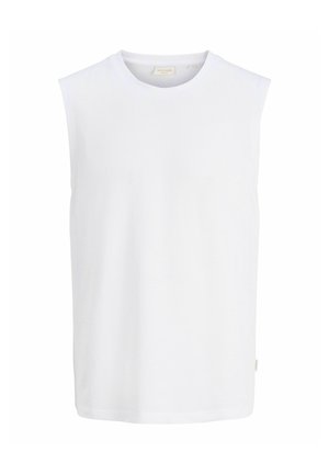 Ärmelloses weißes geripptes Stricktop mit rundem Ausschnitt, geradem Saum und kleinem Stoffetikett an der Seite.