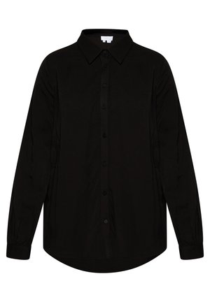 Zwarte lange mouwen shirt met een knoopsluiting aan de voorkant, gestructureerde kraag en gebogen zoom; gemaakt van een gladde stof met subtiel verdiept textuur in de mouwen.