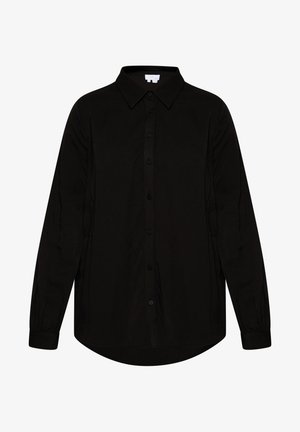 Czarna, długosmokowa koszula z guzikami z przodu, z wyraźnie zaznaczonym kołnierzykiem i zaokrąglonym dołem; wykonana z gładkiego materiału z delikatnie teksturowanymi rękawami.