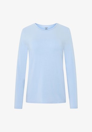 Camiseta de manga larga azul claro con cuello redondo, hecha de tela lisa, mostrada plana sin texturas ni patrones visibles.