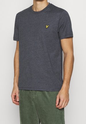 Donkergrijze short-sleeve t-shirt van zachte stof, met een klein geel vogel logo op de linkerborst. Casual pasvorm en ontwerp met ronde hals.