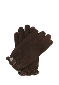 Guantes de ante marrón con cinco dedos, muñequera elástica y detalles en cuero. Presenta un pequeño logotipo en el lateral. Textura suave.