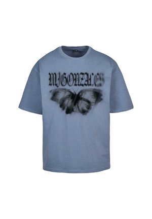 Blue cotton t-shirt with short sleeves, featuring a butterfly graphic and “MY GONZALES” text in a stylized black font.