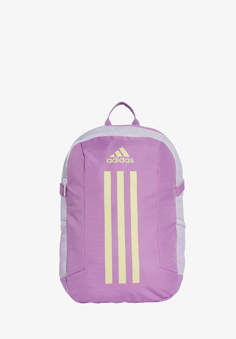 Zaino viola con accenti grigi chiari, caratterizzato da tre strisce gialle e una tasca frontale. Realizzato in tessuto resistente con tasche laterali in rete.