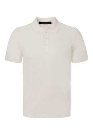 Short-sleeve white polo shirt with three buttons and subtle embossed pattern, labeled Karl Lagerfeld, size medium.