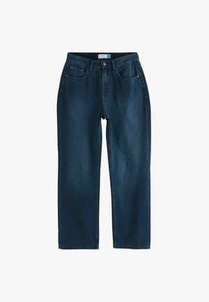 Dark blue straight-leg jeans made of denim. Features five pockets, a button and zipper closure, and a clean hem without embellishments.