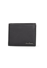 Portafoglio in pelle nera con texture liscia, design a due pieghe e bordi cuciti. Presenta un logo impresso sul davanti.