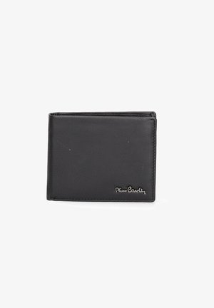 Black leather wallet with a smooth texture, bi-fold design, and stitched edges. Features embossed logo on the front.
