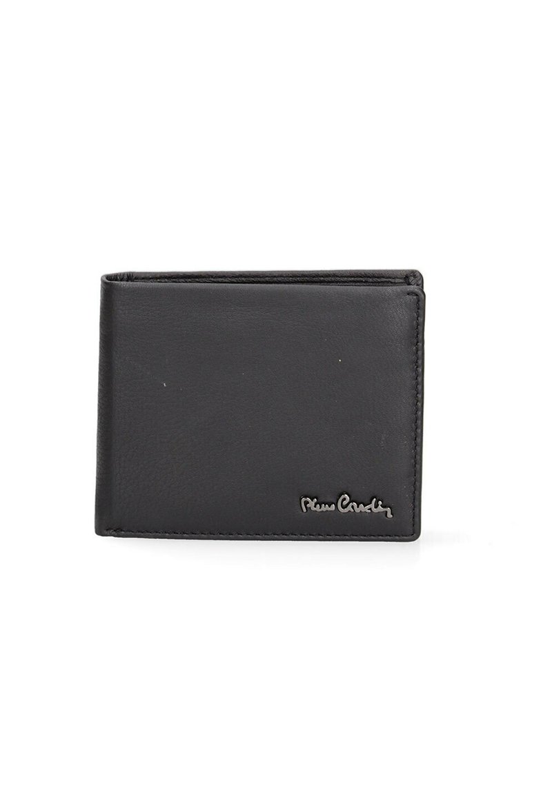 Portafoglio in pelle nera con texture liscia, design a due pieghe e bordi cuciti. Presenta un logo impresso sul davanti.