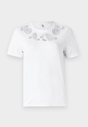 White cotton t-shirt featuring a decorative paisley design made of silver rhinestones across the chest area. Short sleeves and crew neckline.