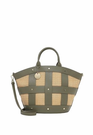 Rankinė su megzta kreminės spalvos danga ir alyvuogių žalios odos dirželiais, rankenomis bei apvadu, puošta metaliniais kaiščiais ir apvaliu metaliniu logotipo pakabuku.