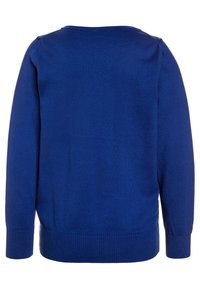 Blå tröja i pulloverstil, ribbat mönster, rundad halsringning, långa ärmar och en figurnära nederkant. Slät tyg utan synliga mönster eller detaljer.