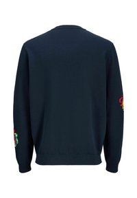 Navy knit sweater with long sleeves, ribbed cuffs, and hem. Features colorful embroidery on both sleeves. Smooth texture and crew neckline.