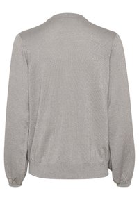 Silver metalltröja, långärmad, rund hals, ribbad ärm- och nederkant, mjuk textur med subtil lyster och avslappnad passform.