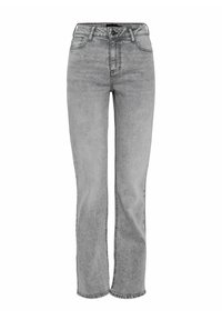 Augstās jostas lineāro džinsu bikses, izgatavotas no izbalējuša pelēka džinsa auduma. Iezīmē tradicionālo piecu kabatu dizainu un pogu aizdari.