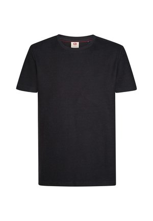 Zwarte korte-mouwen T-shirt met ronde hals met een subtiel gestructureerd patroon en een klein stoffen label in de kraag aan de binnenkant van de halslijn.