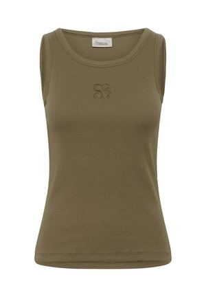 Top sin mangas de color verde oliva con textura acanalada, escote redondo y un pequeño diseño abstracto bordado centrado en el pecho.