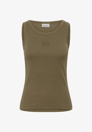 Top sin mangas de color verde oliva con textura acanalada, escote redondo y un pequeño diseño abstracto bordado centrado en el pecho.