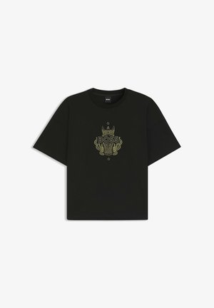 Black cotton T-shirt with a crew neckline, short sleeves, and a gold graphic design featuring the word "BOSS" at the center.