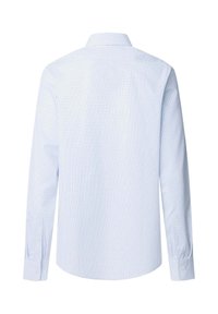 Chemise bleu clair à manches longues avec un motif fin en grille, poignets boutonnés et col classique, vue de dos sur fond blanc.
