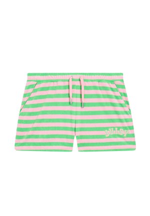 Gestreepte shorts in groen en roze terry stof, met een elastische tailleband met trekkoord, zijzakken en geborduurde "JUICY" details.