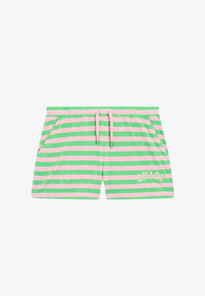 Gestreepte shorts in groen en roze terry stof, met een elastische tailleband met trekkoord, zijzakken en geborduurde "JUICY" details.